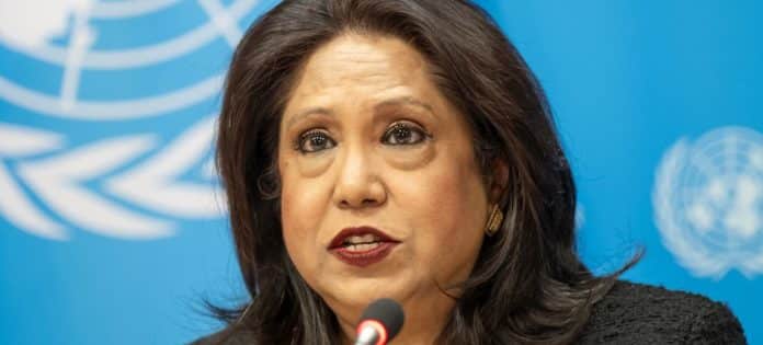 Pramila Patten, Rappresentante speciale del Segretario generale sulla violenza sessuale nei conflitti, informa i giornalisti presso la sede delle Nazioni Unite, a New York.