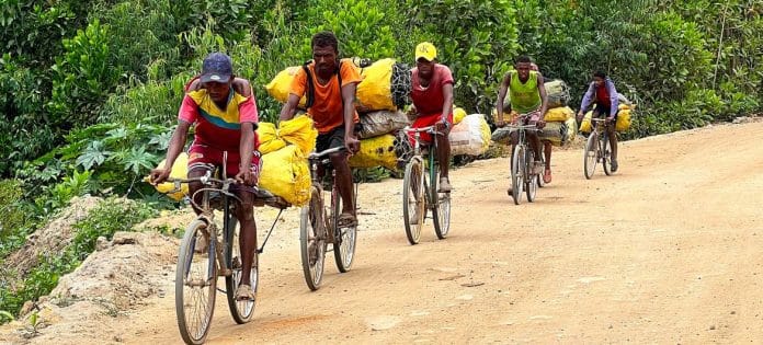 I commercianti del Madagascar, uno dei Paesi più sottosviluppati dell'Africa, trasportano il carbone di legna al mercato.