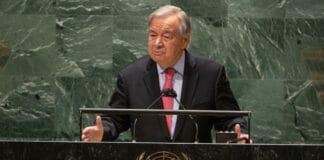 VN-Secretaris-Generaal António Guterres bij de opening van de 76e Algemene Vergadering