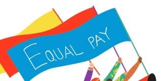 En illustration av en grupp människor som springer med en flagga med texten Equal pay