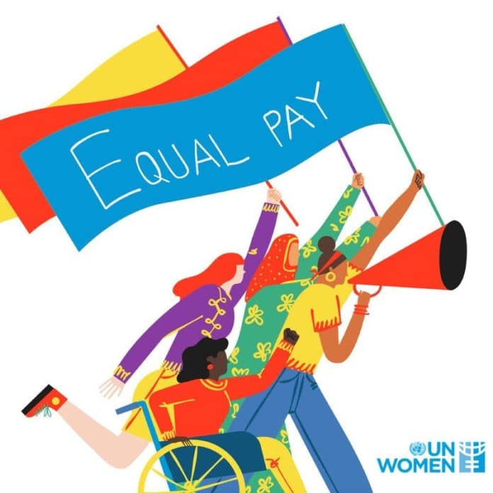 En illustration av en grupp människor som springer med en flagga med texten Equal pay